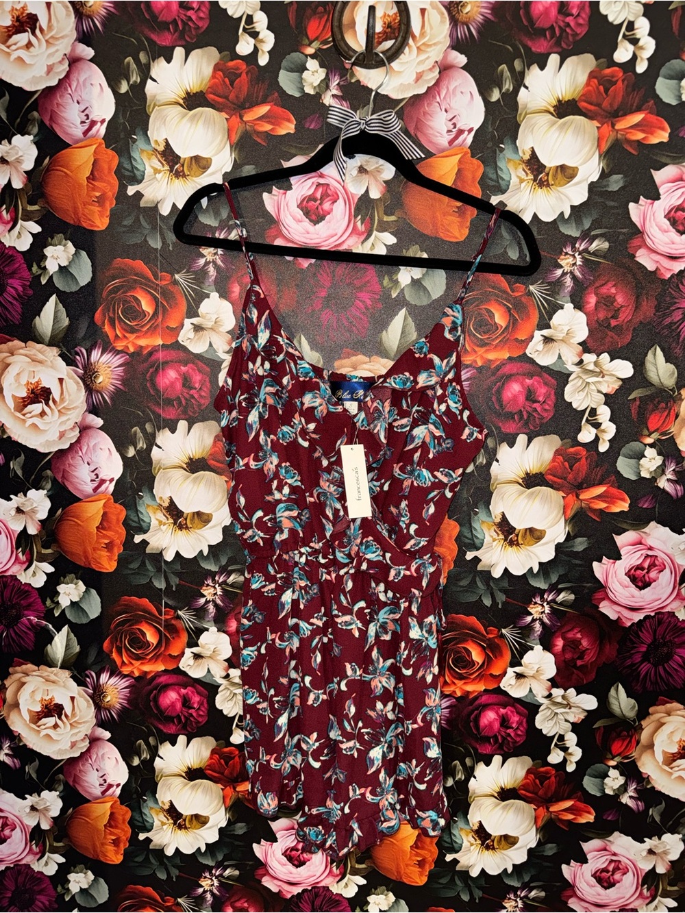 Blue Rain Women’s Burgundy Floral Spaghetti-Strap Romper, Small, BWT - Picture 4 of 15
